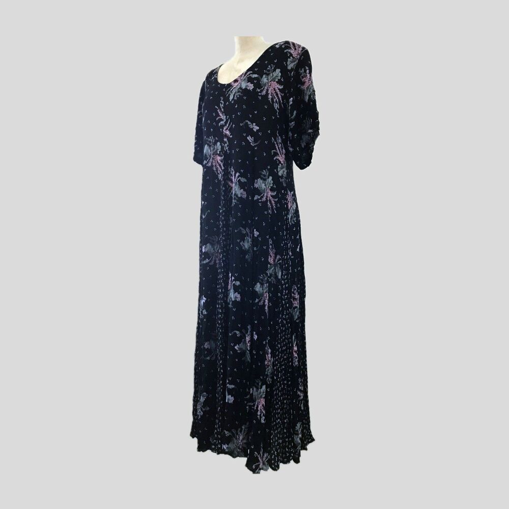 Vintage 90s Black Purple Short Sleeve V Neck Floral Witchy Long Midi Dress  L